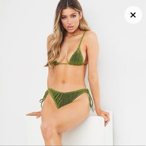 Green Glitter Tie High Leg Bikini Bottoms and triangle cut out top NWT